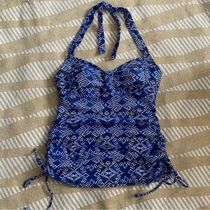 Christina Blue & White Print Halter Tankini Top with Ruched Sides – Size 8 EUC